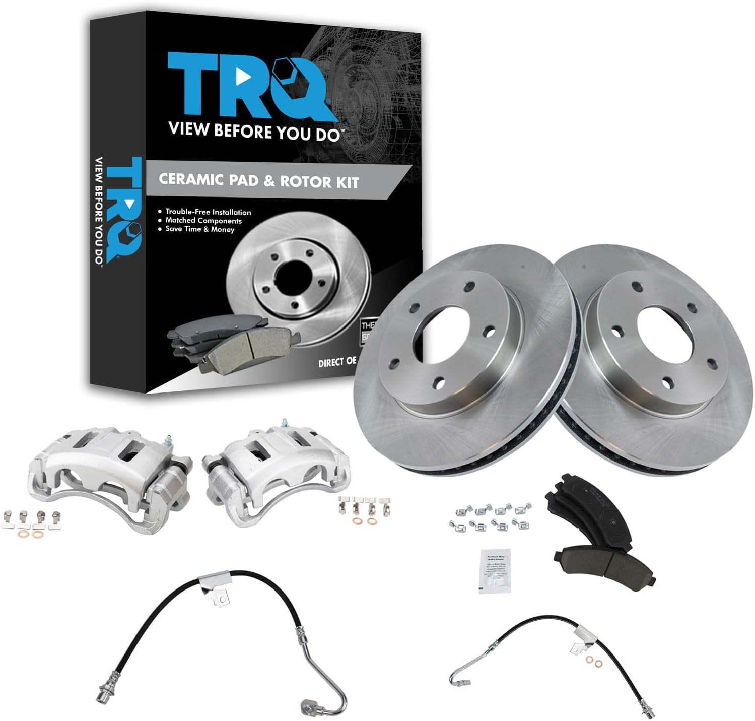 TRQ Front Brake Pad and Rotor Set Ceramic Rotors Calipers Hoses Compatible with 1998-2000 Chevrolet Blazer Isuzu Hombre 1998-1999 S10 Sonoma Oldsmobile Bravada 1998-2001 GMC Jimmy