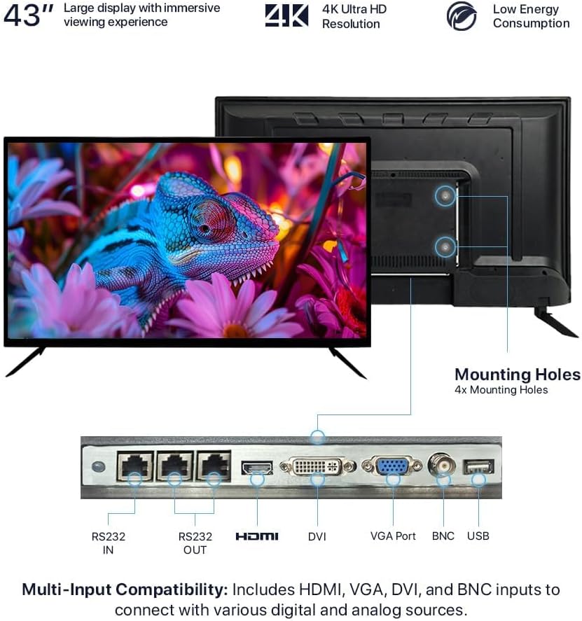 43 Inch Surveillance Grade Large Size 24/7 4K Monitor Screen, 4K LCD Monitor, HDMI/VGA/DVI/BNC Inputs, 3840 x2160 HD, 16:9, 8.5ms Response, Designed for CCTV Security DVR/NVR Camera System