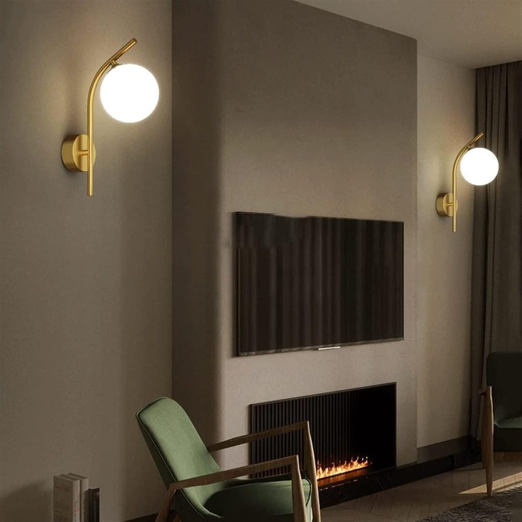 Modern Indoor Wall Sconce Lighting Fixture, Gold Wall Mounted Lamp, Creative LED Wall Light for Living Room Bedroom Bedside Corridor Stairway Bathroom, Brass Finish - White Glass Shade