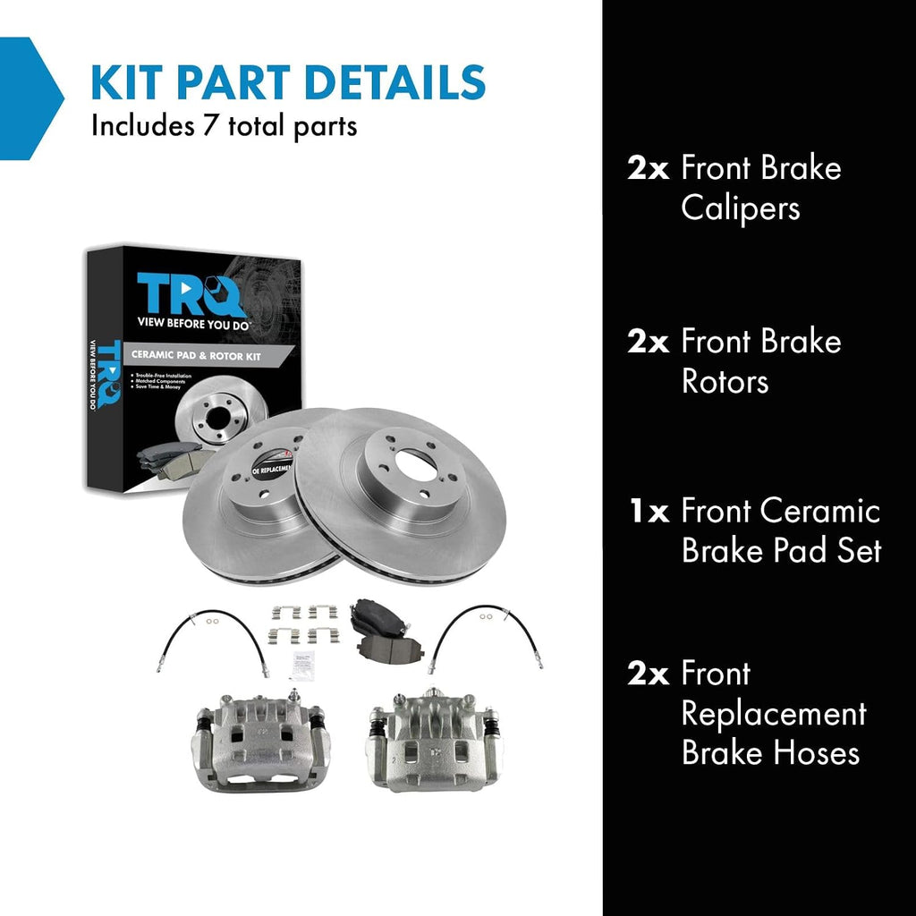 TRQ Front Brake Pad and Rotor Set Ceramic Rotors Calipers Hoses Compatible with 2006 Subaru Baja 2005-2009 Outback