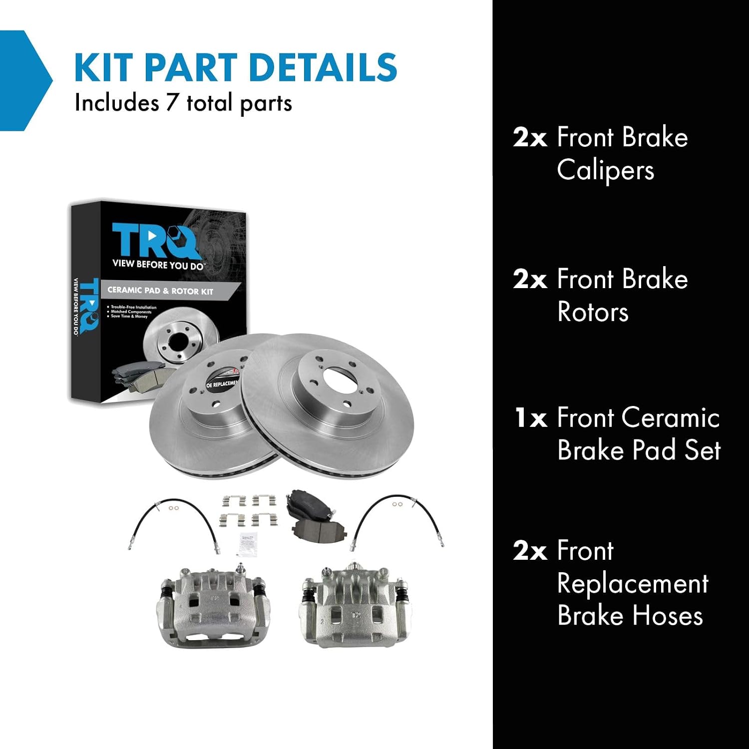 TRQ Front Brake Pad and Rotor Set Ceramic Rotors Calipers Hoses Compatible with 2006 Subaru Baja 2005-2009 Outback