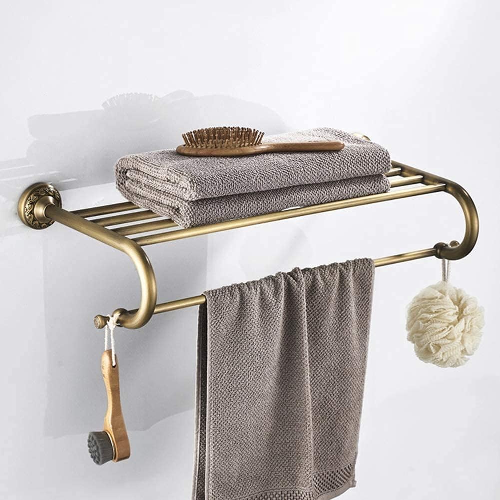 Towel Rack Antique Brass Towel Rail with Double Towel Shelf for Bathroom Wall-Mounted Shower Shelf Organizer Black (Color : Gold)