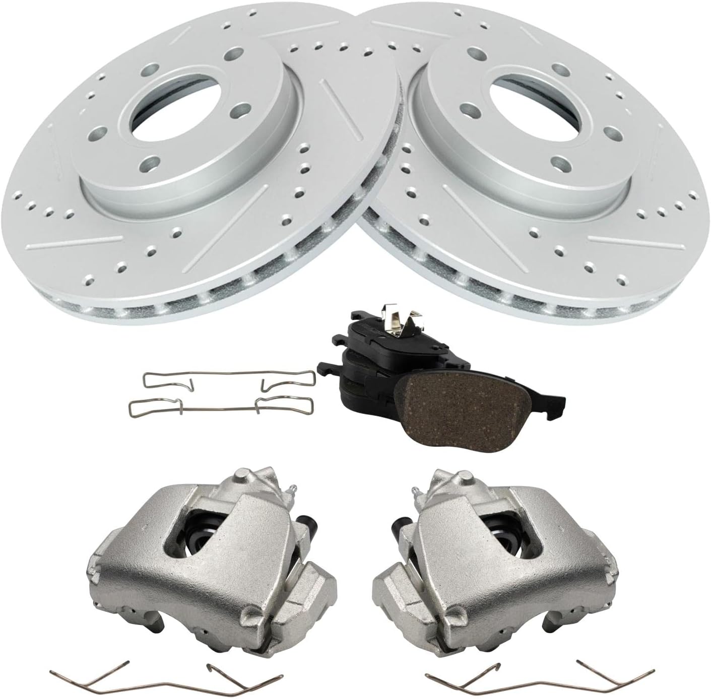 TRQ Performance Front Brake Pad and Rotor Set Ceramic Vented Coated Rotors Calipers Compatible with 2012-2016 Ford Focus 2014-2018 C-Max