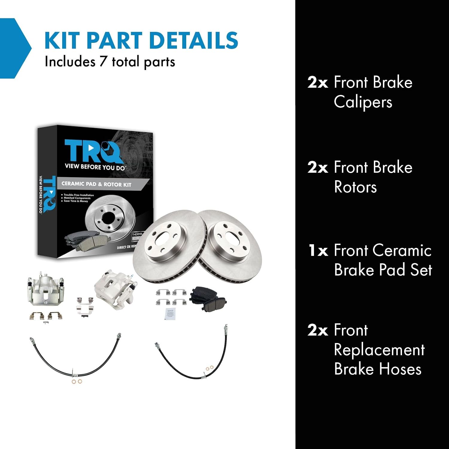 TRQ Front Brake Pad and Rotor Set Ceramic Vented Rotors Calipers Hoses Compatible with 2003-2008 Toyota Corolla