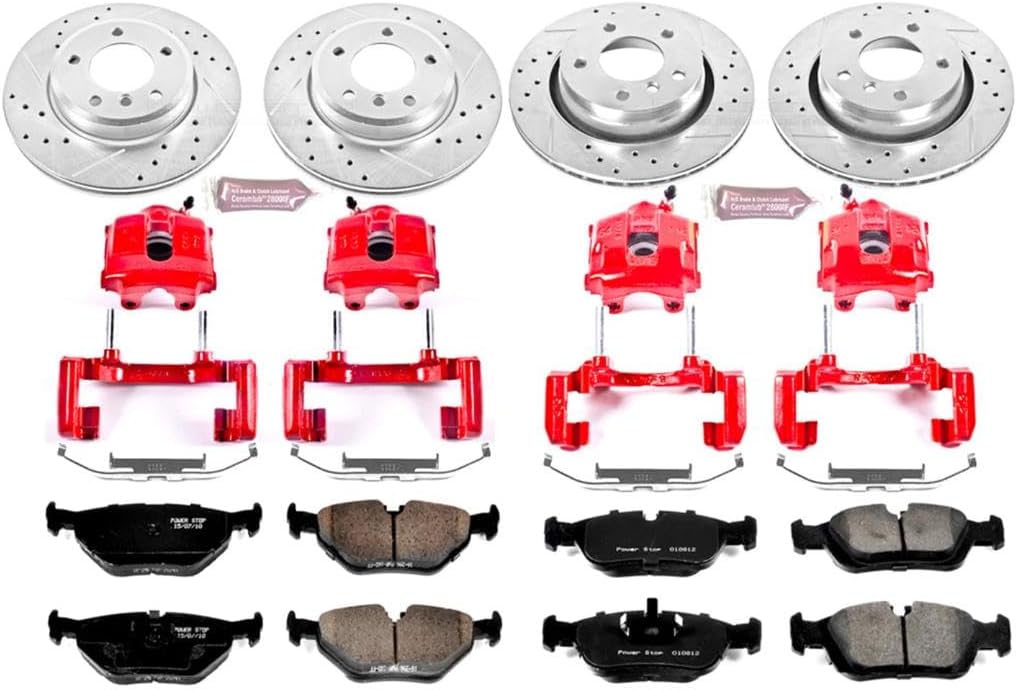PowerStop Front and Rear Brake Kit for BMW 323Ci 2000 |323i 2000 |325Ci 2001-06 |325i 2001-05 - Carbon-Fiber Ceramic Brake Pads + Drilled & Slotted Rotors + Red Powder Coated Calipers, KC871