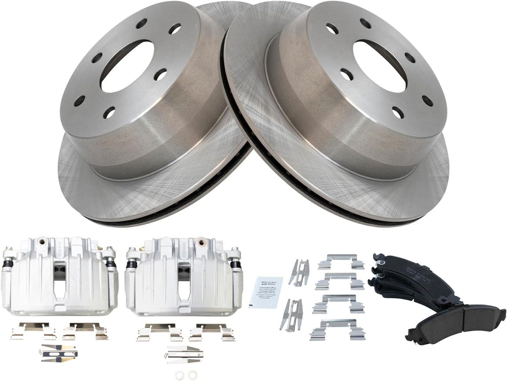 TRQ Rear Brake Pad and Rotor Set Ceramic Rotors Calipers Compatible with 2001-2002 GMC Yukon