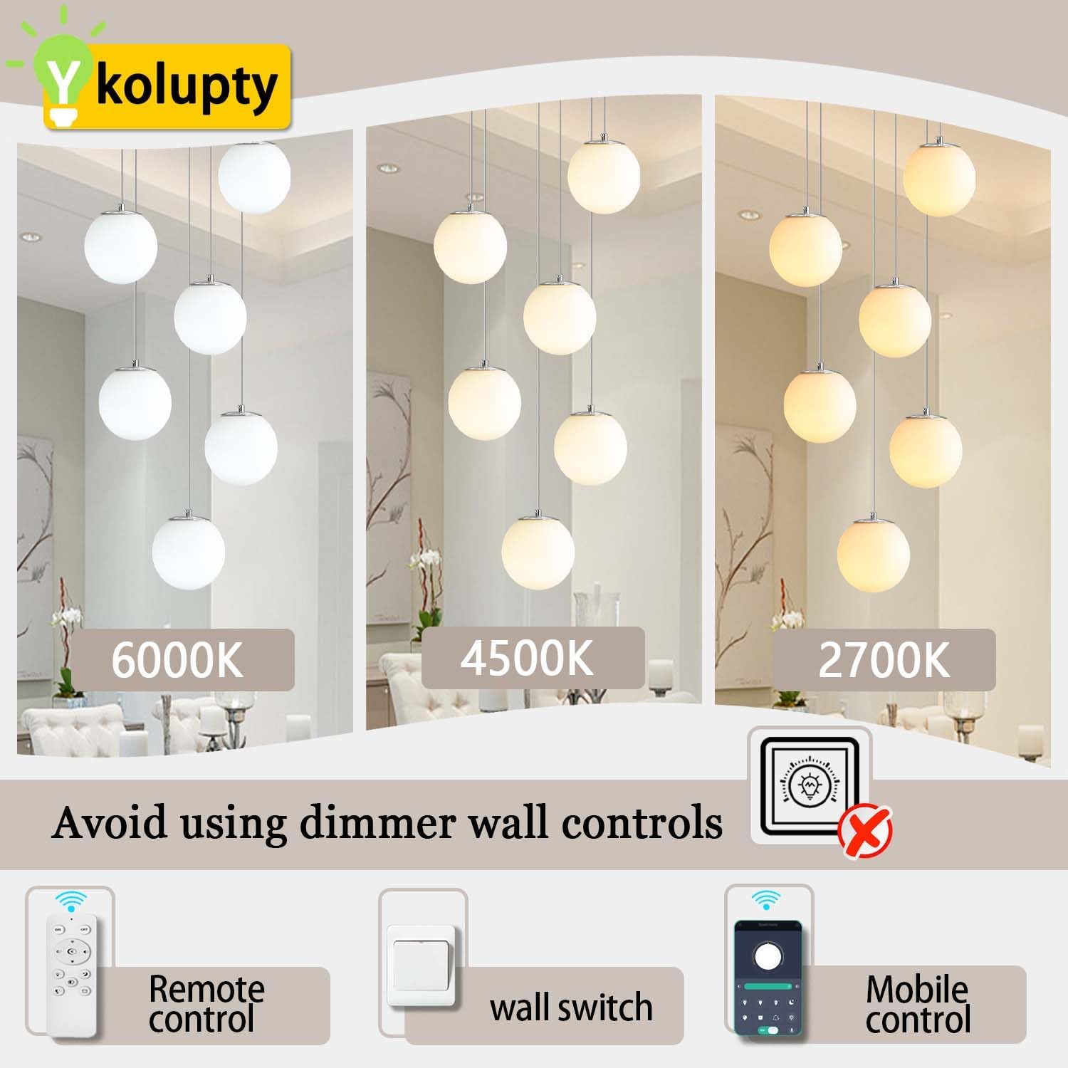ykolupty 6-Light Silver Chandelier with White Globe Glass Dimmable Ceiling Light Glass Pendant Light for Kitchen Island, Dining Room, Living Room, Entry Hallway, LED Bulbs Included