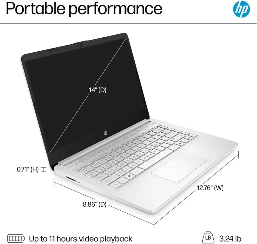 HP 14' HD Laptop with Microsoft Office and 1TB Cloud Storage (1-Year)| 4GB RAM| 128GB SSD & 128GB Portable SSD| Intel 4-Core CPU (Beat i3-10110U)| Ultra Light| Webcam| Windows 11| RK Bundle|Silver