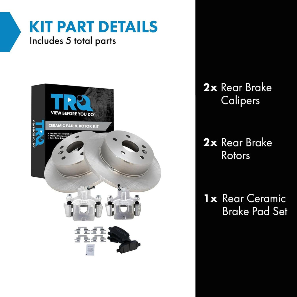 TRQ Rear Brake Pad and Rotor Set Ceramic Solid Rotors Calipers Compatible with 2000-2004 Toyota Avalon