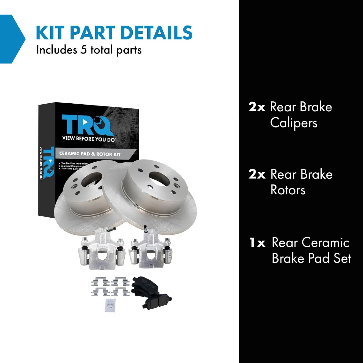 TRQ Rear Brake Pad and Rotor Set Ceramic Solid Rotors Calipers Compatible with 2000-2004 Toyota Avalon