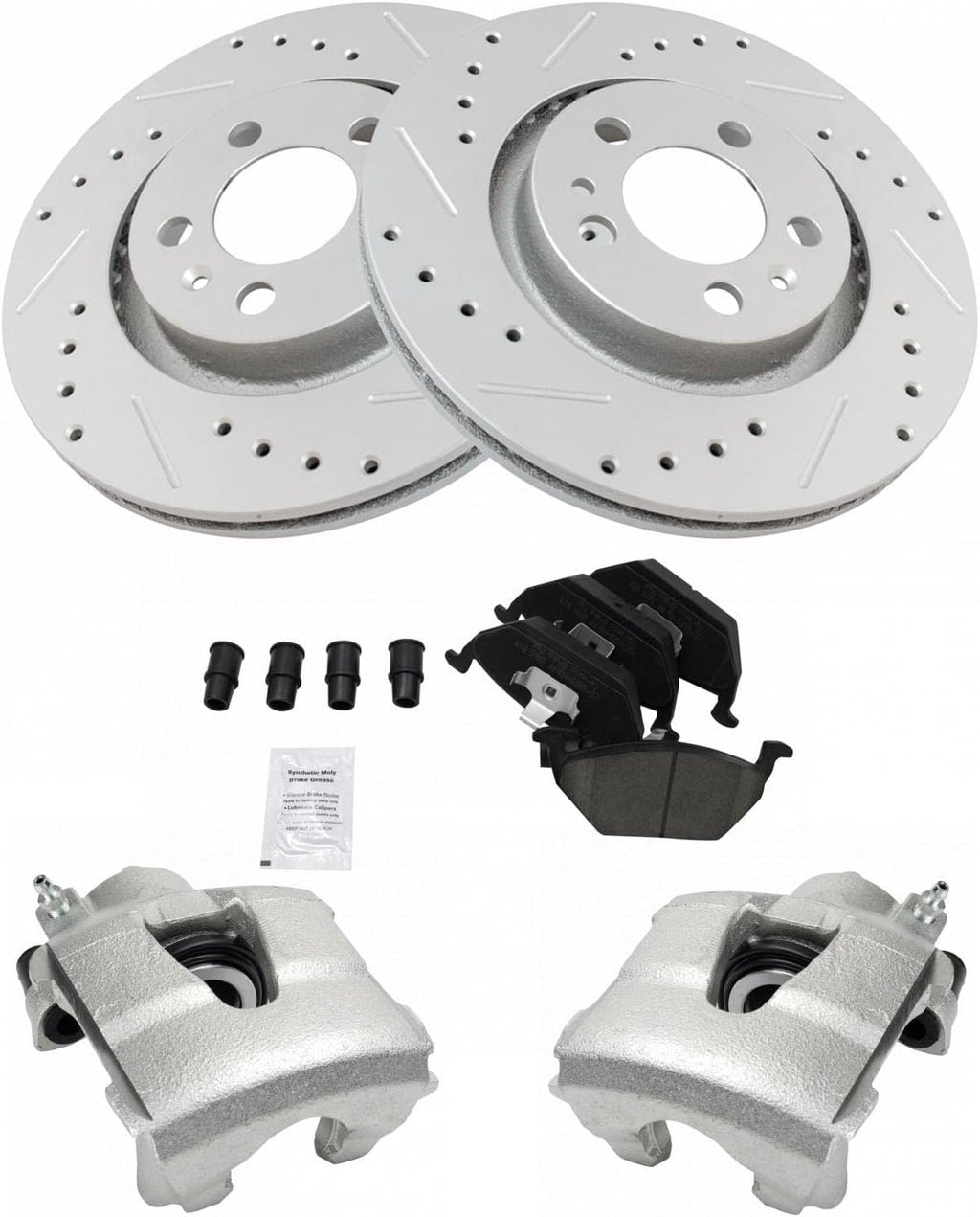 TRQ Performance Front Brake Pad and Rotor Set Ceramic Drilled Slotted Coated Rotors Calipers Compatible with 1998-2010 Volkswagen Beetle 2000-2006 Golf 1999-2005 Jetta