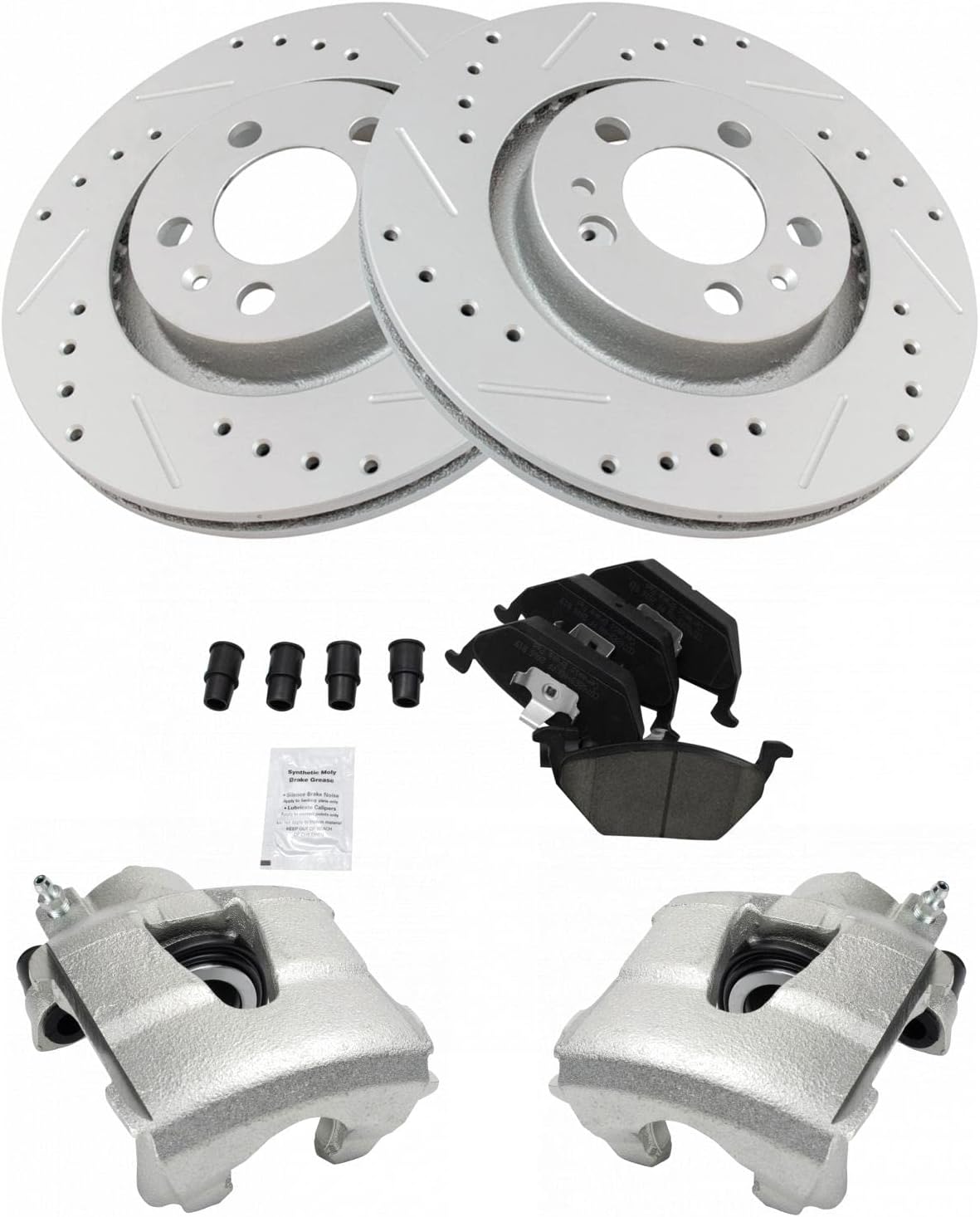 TRQ Performance Front Brake Pad and Rotor Set Ceramic Drilled Slotted Coated Rotors Calipers Compatible with 1998-2010 Volkswagen Beetle 2000-2006 Golf 1999-2005 Jetta