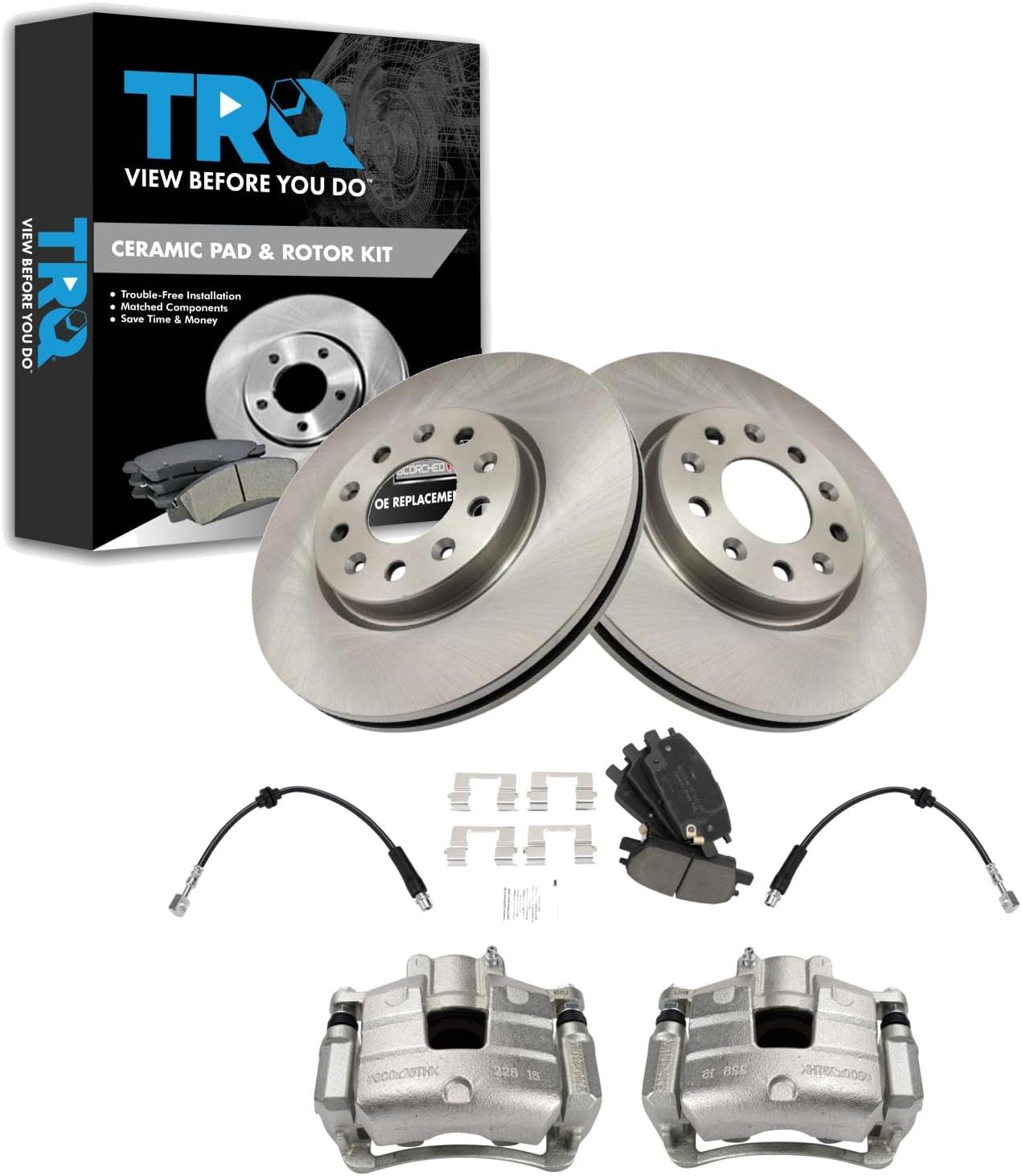 TRQ Front Brake Pad and Rotor Set Ceramic Rotors Calipers Hoses Compatible with 2016 Chevrolet Malibu