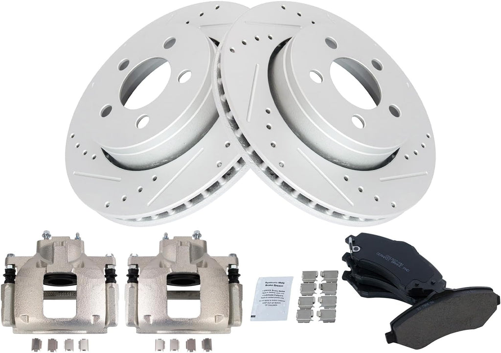 TRQ Performance Front Brake Pad and Rotor Set Ceramic Coated Drilled Slotted Rotors Calipers Compatible with 2007-2010 Dodge Nitro 2008-2012 Jeep Liberty