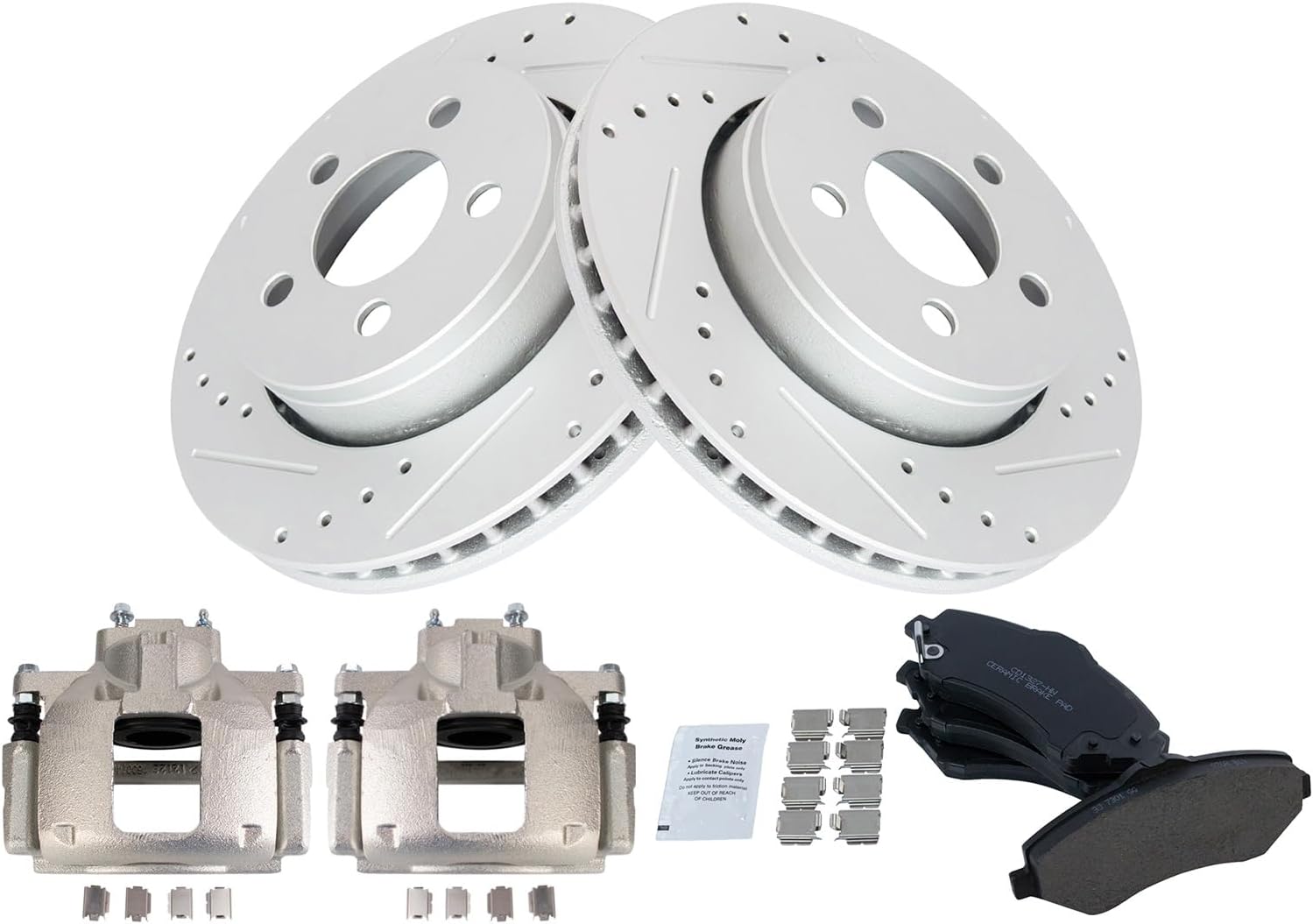 TRQ Performance Front Brake Pad and Rotor Set Ceramic Coated Drilled Slotted Rotors Calipers Compatible with 2007-2010 Dodge Nitro 2008-2012 Jeep Liberty