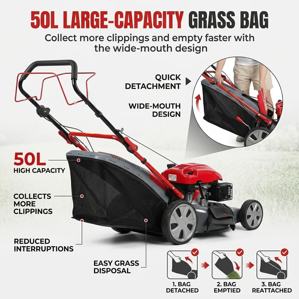 173cc Gas Lawn Mower, Self-Propelled Rear Wheel Drive, Adjustable 3-Speed Settings, 20' Cutting Width, 60L Grass Catcher, Ideal for Large Lawns, Easy Start & Efficient Grass Collect Red