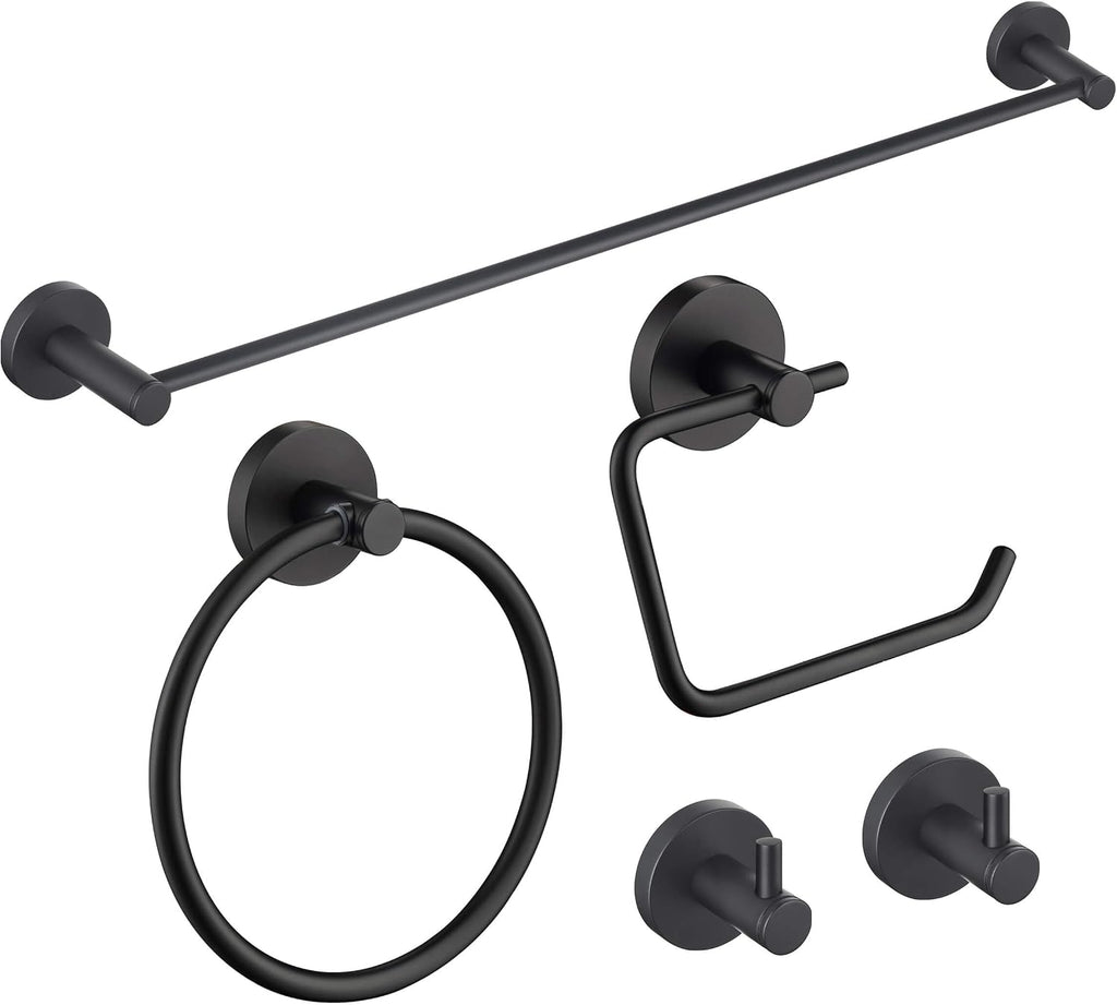KIBI 5-Piece Bathroom Hardware Set – Wall Mounted Circular Bathroom Accessories Kit with 24 Inch Towel Bar, 10 Inch Towel Ring, Toilet Paper Holder & 2 Robe Hooks – Matte Black