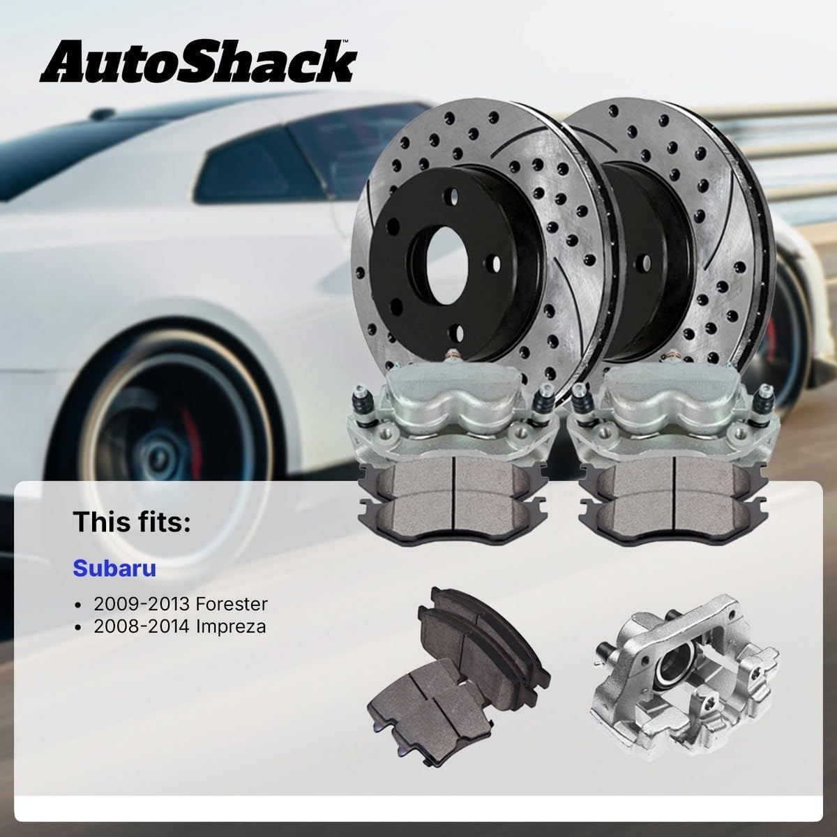AutoShack Rear Brake Rotors, Ceramic Pads & Calipers for Subaru, Impreza 2008-2014 Forester 2009-2013 WRX 2013-2014, AWD H4 2.5L - E-Coated Drilled & Slotted - ShadowGuard - 11.25' (285.8 mm), 5-Lug