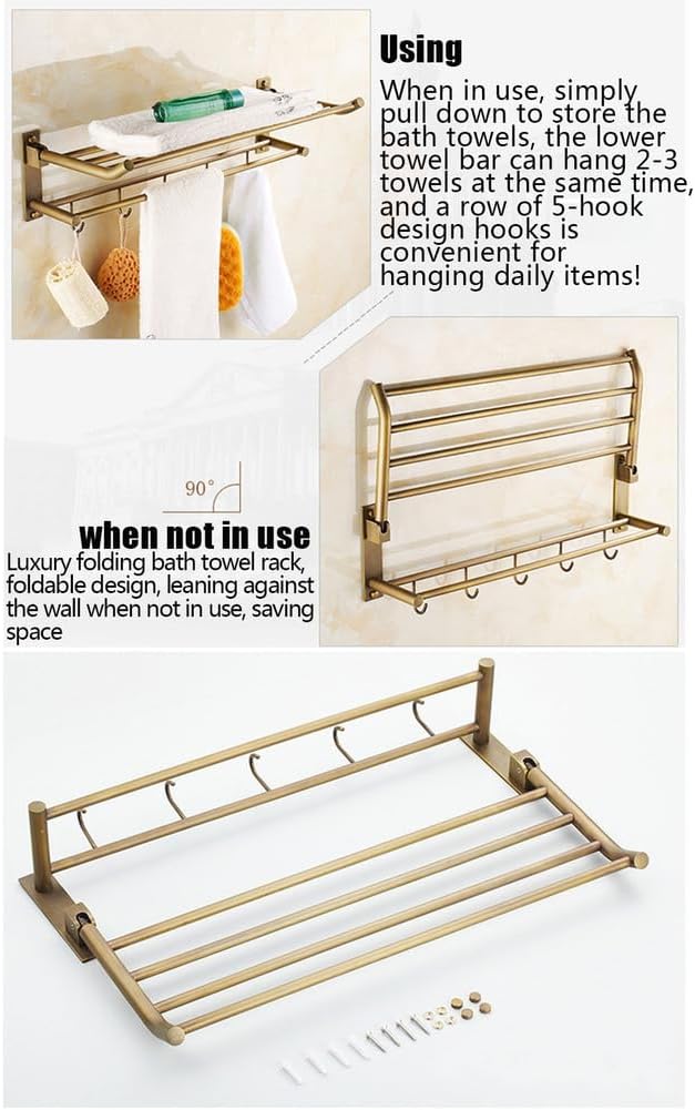 Bathroom Hardware Set,Towel Rack Set for Bathroom European Antique Brass Bath Towel Bar Toilet Wall Hanging Bathroom Pendant Towel Rack Stand,Towel Rack with Hook