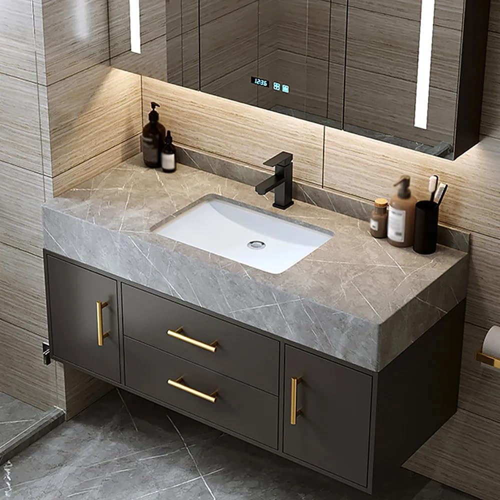 Floating Bathroom Vanity with Sink, 39.5 Inch Modern Bathroom Vanity Cabinet with Sintered Stone Top, Ceramic Undermount Sink, 2 Drawers, Black (Wall Mounted, Gold Handle)