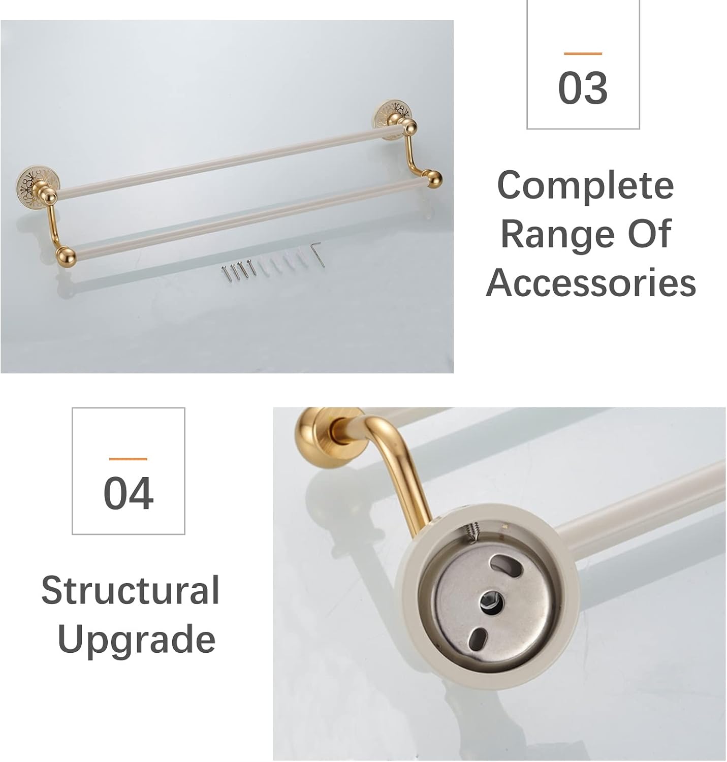 Aluminum Alloy Towel Rack ，Foldable Bathroom Towel Holder ，Towel Rail Bar,All Aluminum Double Towel Hanger Rack,Wall Mounted Towel Holder,Bathroom Accessories,Screws Mounting,Gold and White(80cm)