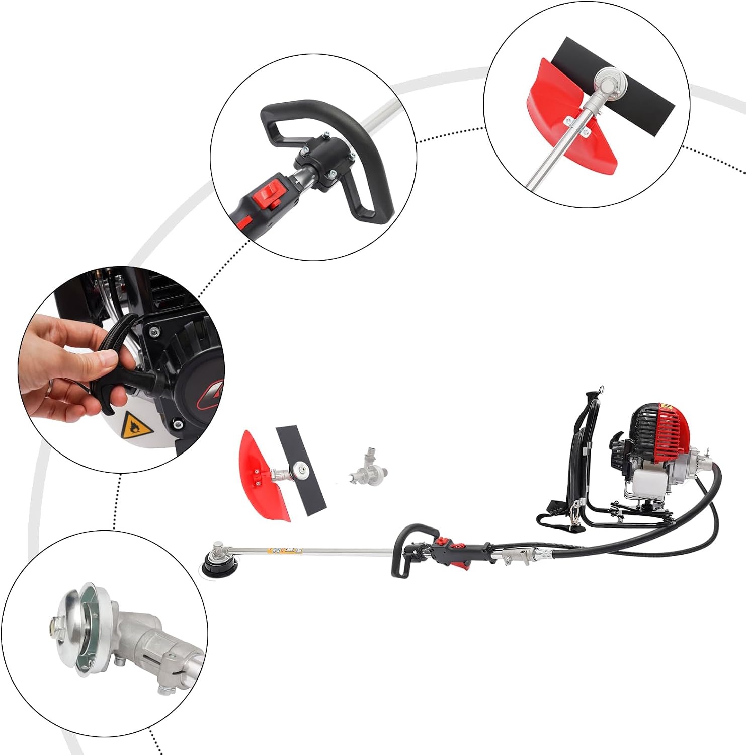 Brush Cutter Gas Powered 2 in 1 Backpack 4 Stroke Weed Wacker 31CC 750W Cordless Air Cooling Single Cylinder Gasoline Powered Tiller Grass Hedge Trimmer Lawn Mower, 8500RPM