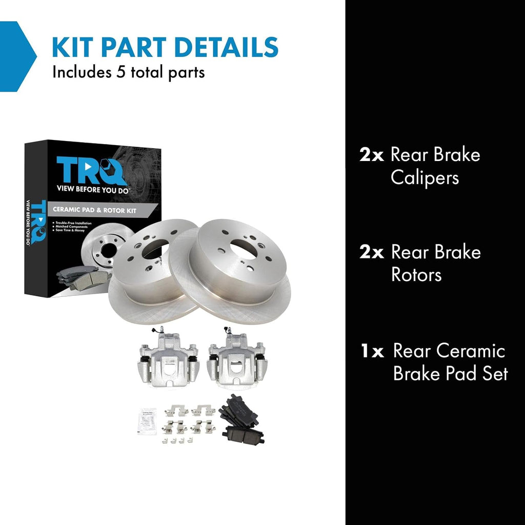 TRQ Rear Brake Pad and Rotor Set Ceramic Rotors Calipers Compatible with 2004-2007 Toyota Highlander