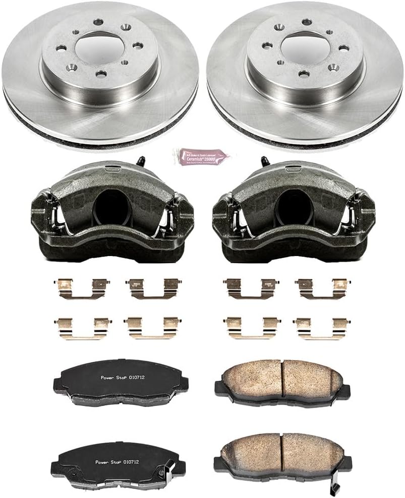 PowerStop Front Brake & Caliper Kit for Honda Civic 1996-05 | Honda Insight 2010-14 - Ceramic Brake Pads + Calipers + Disc Rotors Replacement, KCOE690