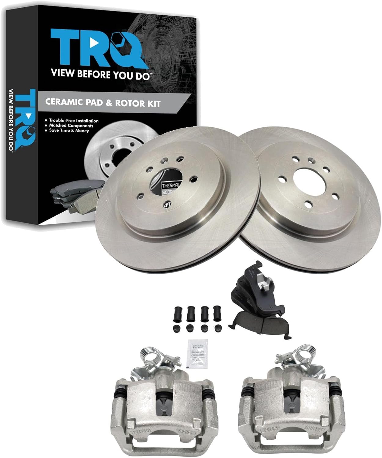 TRQ Rear Brake Pad and Rotor Set Ceramic Rotors Calipers Compatible with 2014-2016 2018 Lincoln MKT