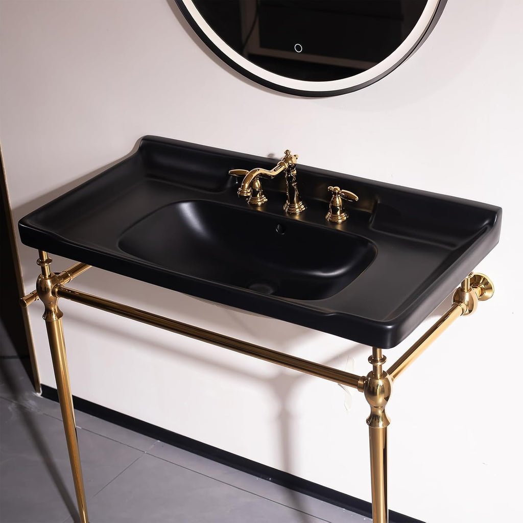 36'' Console Bathroom Sink, Freestanding Console Sink With Stainless Brushed Gold Legs, Modern Bathroom Vanity with 3 Tap Holes and Pop Up Drain, Black