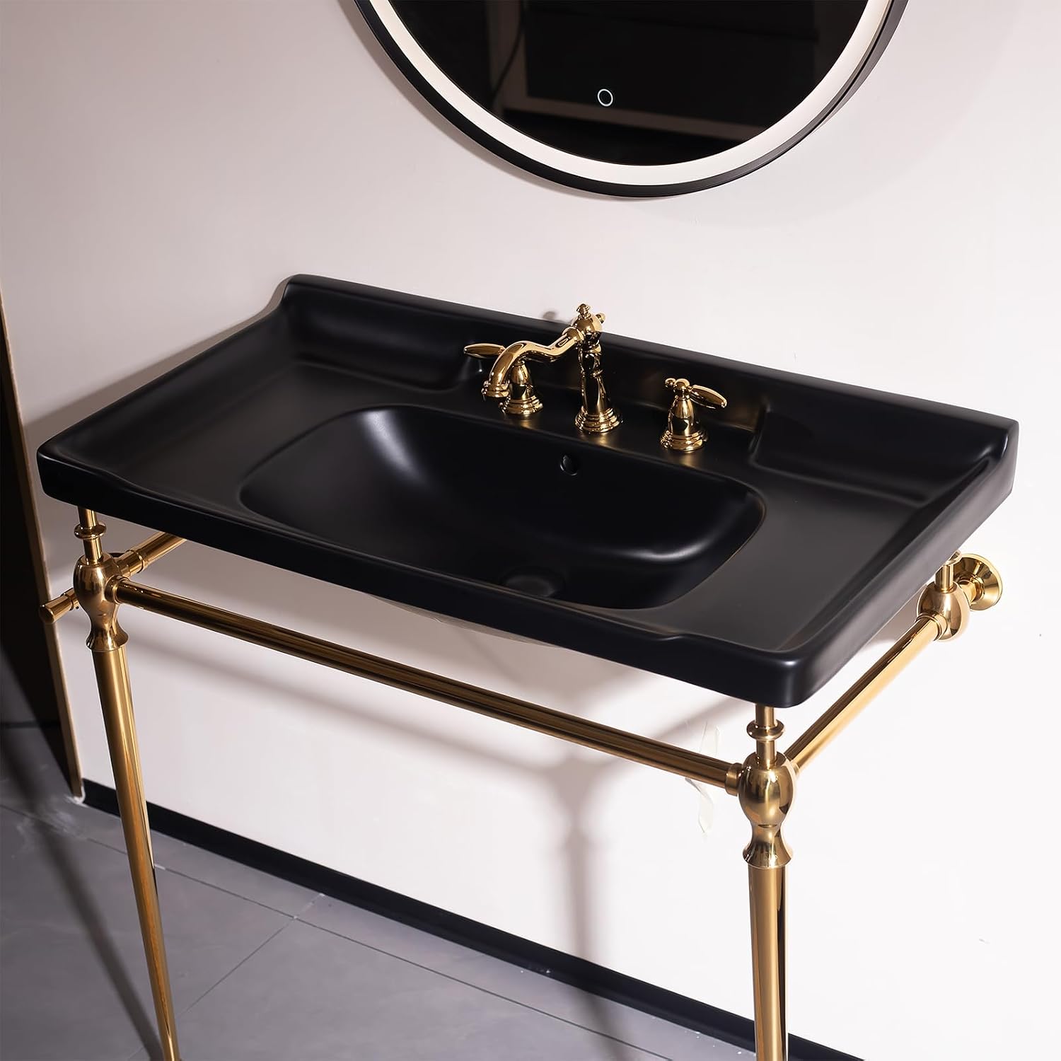 36'' Console Bathroom Sink, Freestanding Console Sink With Stainless Brushed Gold Legs, Modern Bathroom Vanity with 3 Tap Holes and Pop Up Drain, Black