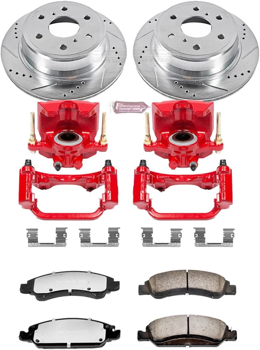 PowerStop Rear Brake & Caliper Kit for Ford F-150 2012-18 - Drilled & Slotted Disc Rotors + Z36 Brake Pads + Red-Powder Coated Calipers, KC6271-36