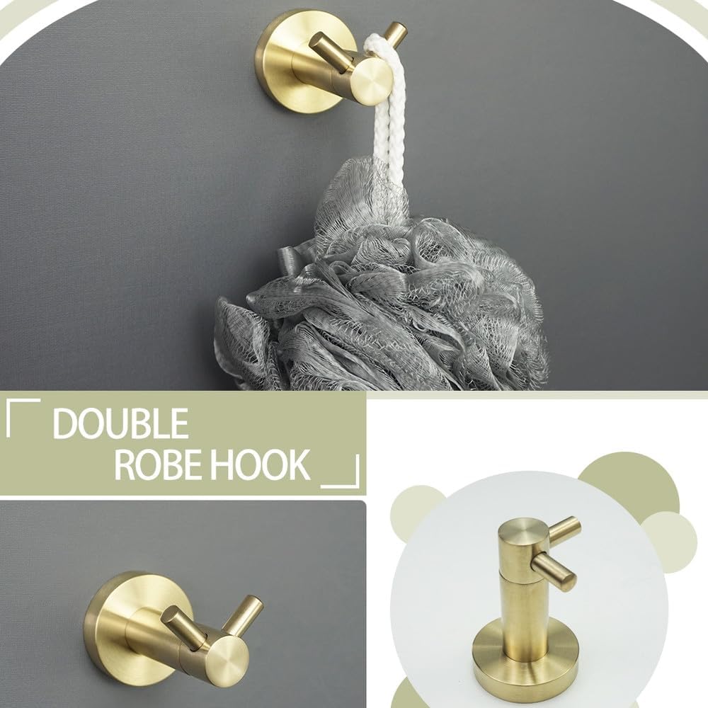 Brushed Gold Wall Mount Shelf Toilet Bath Hardware Paper Holder Towel Bar Rack Rail Rod Robe Hook Hanger Bathroom Accessories,2 PCS Double Hook