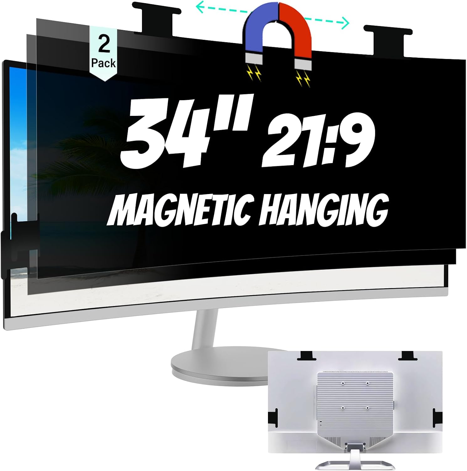[2 Pack] Magnetic Hanging 34 Inch Computer Privacy Screen for 21:9 Aspect Ratio Widescreen Monitor, Removable Eye Protection Anti Glare Blue Light Computer Monitor Privacy Filter