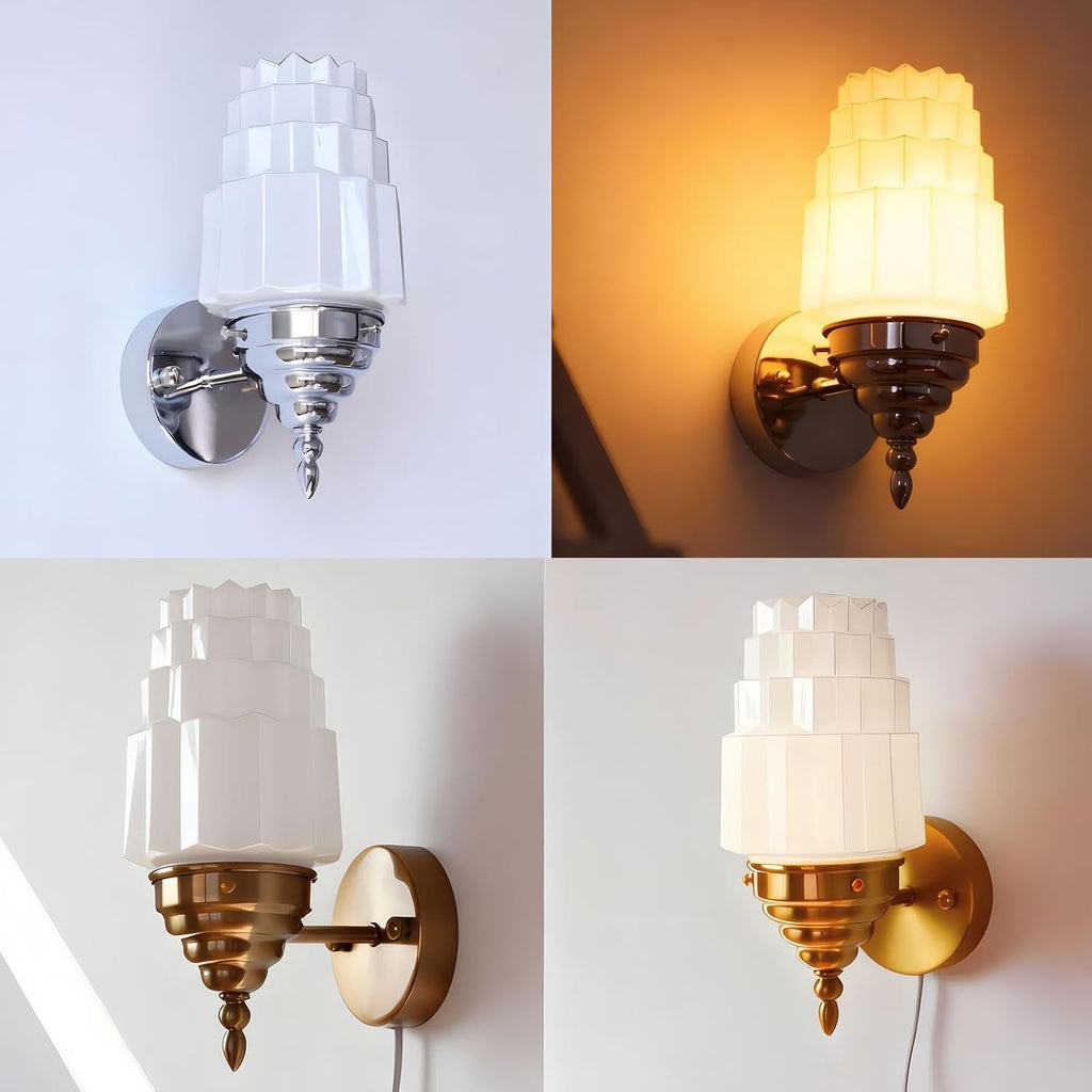 Art Deco Brushed Nickel Wall Sconce White Tiered Fluted Glass Shade 3-Color Adjustable Bulb Included Up and Down Mountable Vanity Light Fixture for Bathroom Bedroom Living Room Hallway Decor(Chrome)
