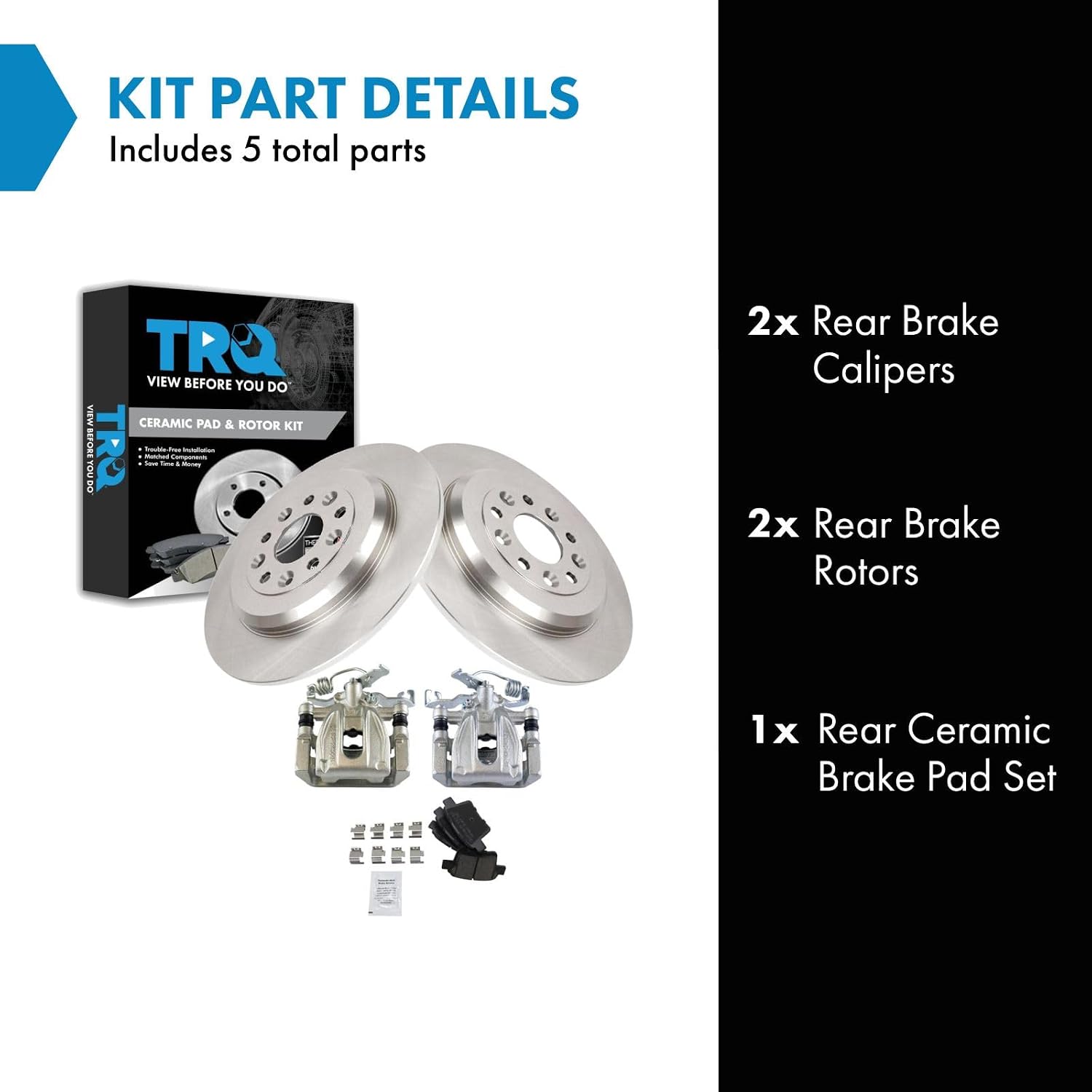 TRQ Rear Brake Pad and Rotor Set Ceramic Solid Rotors Calipers Compatible with 2005-2007 Ford Five Hundred Freestyle Mercury Montego 2008-2009 Taurus Taurus X Sable