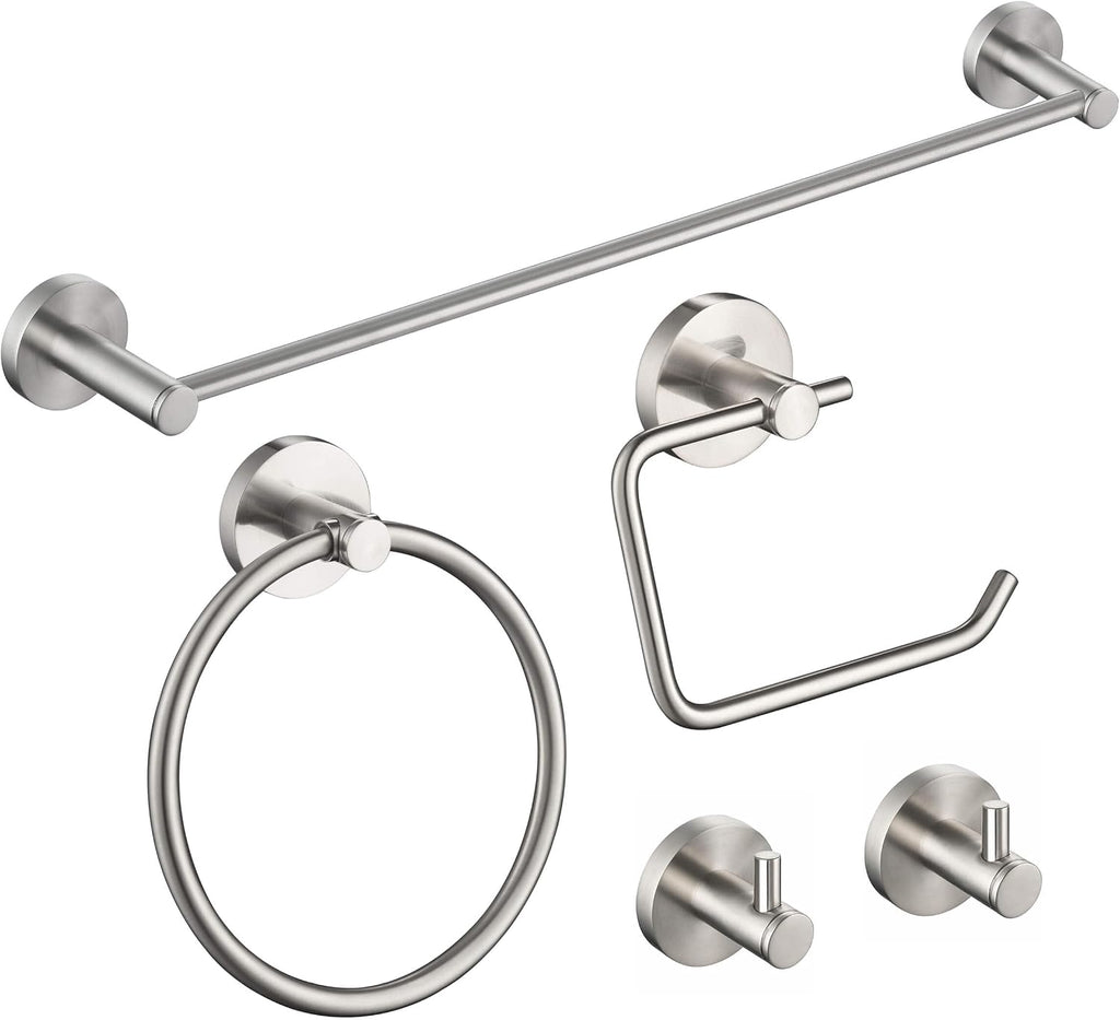 KIBI Circular Bathroom Hardware Set 5 Piece Bathroom Accessories Set | Towel Bar (18'), Towel Ring, Toilet Paper Holder, Robe Hooks (Brushed Nickel, C-KBA14-5-4)