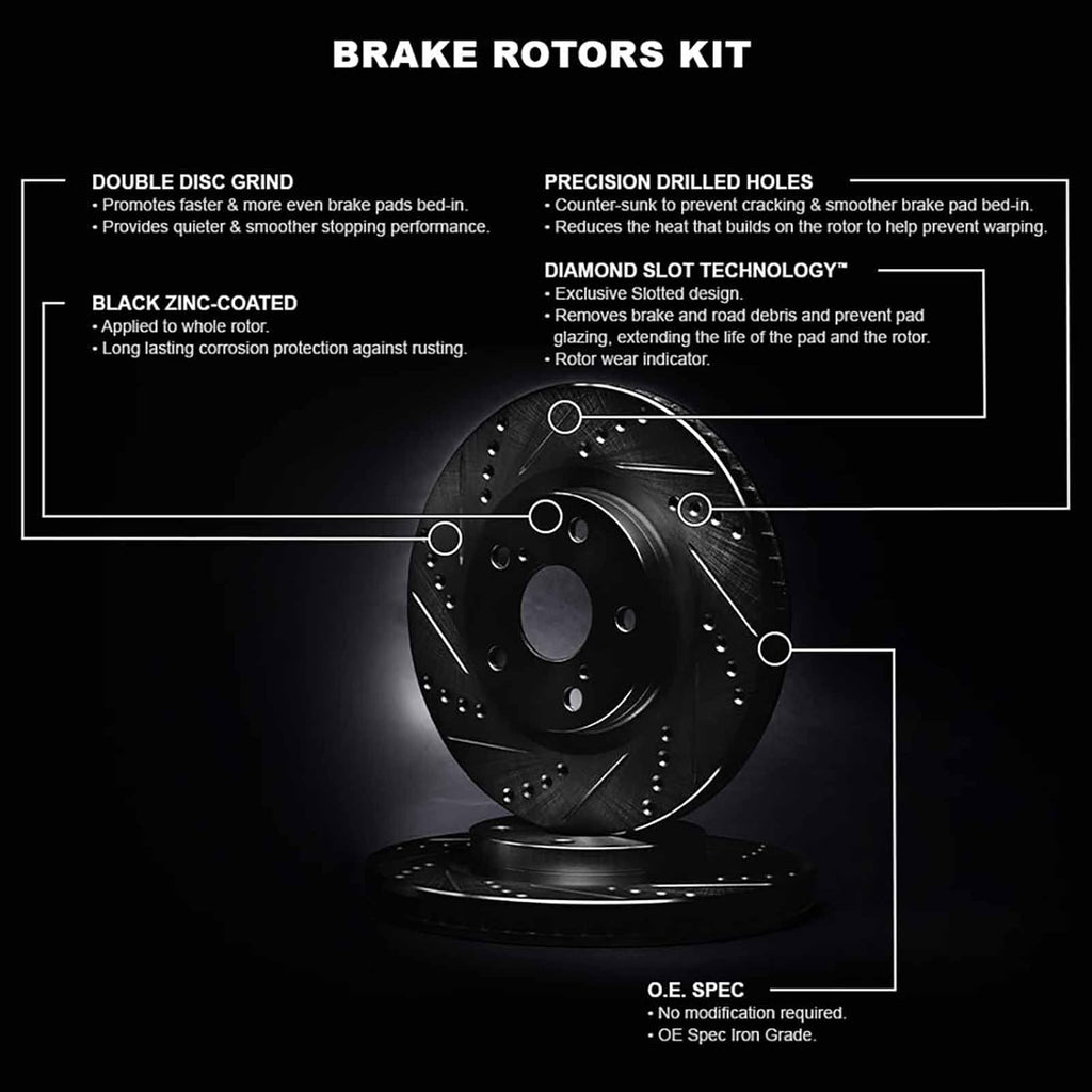 R1 Concepts Brake Rotors fits 2011-2019 Ford Fiesta| Drilled and Slotted Black Disc Brake Rotor Set: 10.2' Front