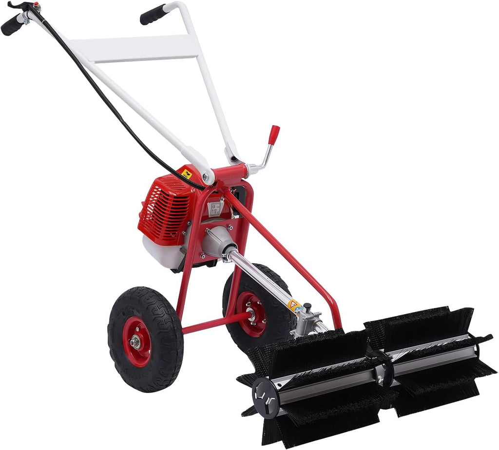 43cc 2-Stroke 1.7hp Portable Gas Power Held Sweeper Broom, 1250w Cleaning Driveway Turf Grass Walk Behind Hand Lawn Sweeper Carpet Sweeper Yard Sweeper Park Garden Cleanning Machine