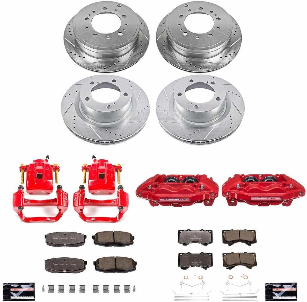 PowerStop Front and Rear Brake & Caliper Kit for Toyota Sequoia 2008-15 | Toyota Tundra 2007-15 - Drilled & Slotted Disc Rotors + Z36 Brake Pads + Red-Powder Coated Calipers, KC2813A-36