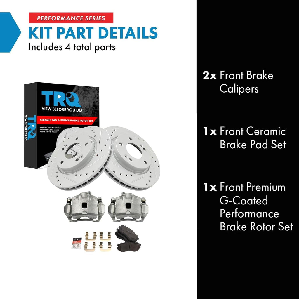 TRQ Performance Front Brake Pad and Rotor Set Ceramic Drilled Slotted Coated Rotors Calipers Compatible with 2007-2010 Hyundai Elantra