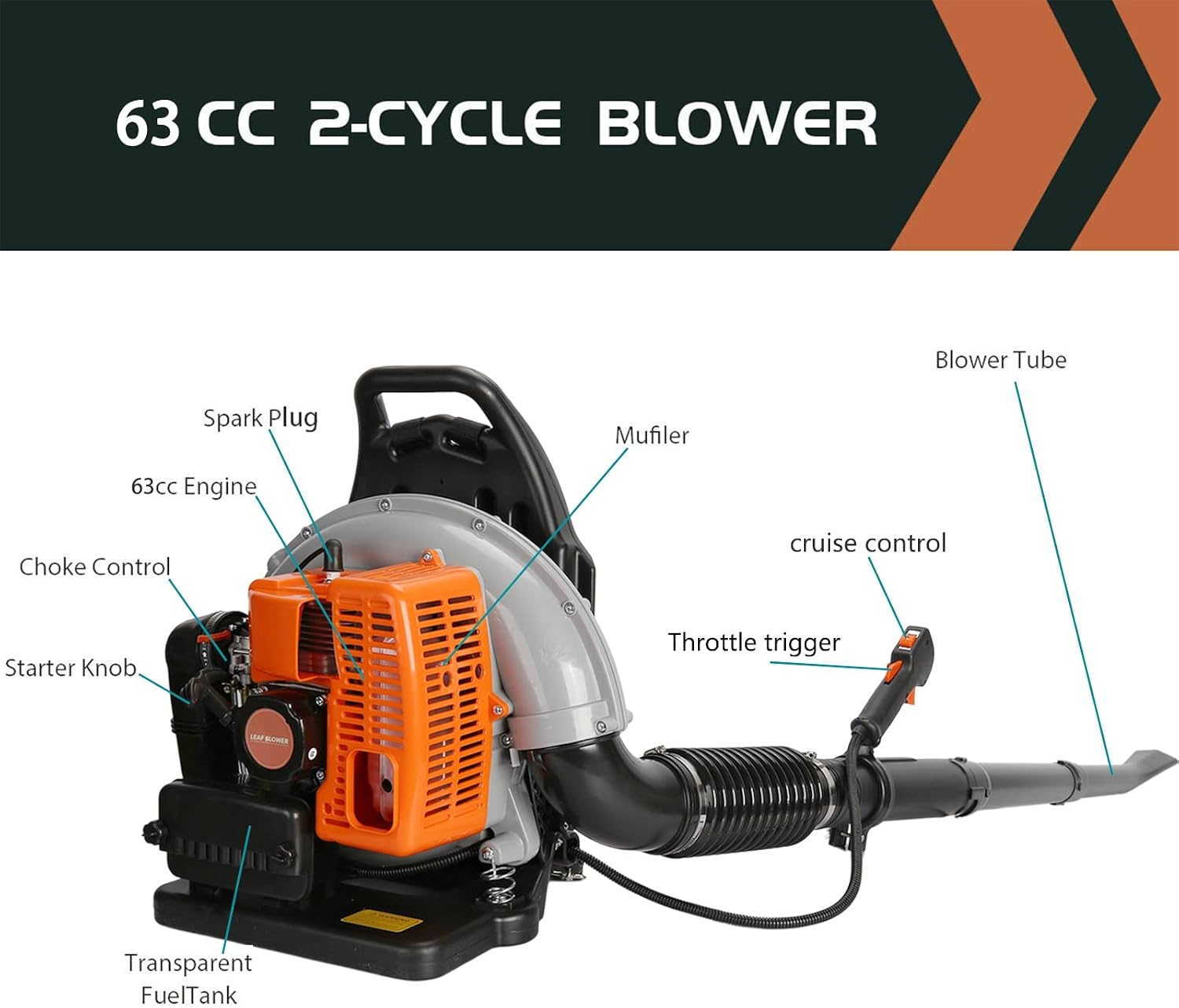 63CC 3HP 2 Stroke Backpack Gas Powered Leaf Blower, High Strength Snow Grass Lawn Blower Air Cooling Gasoline with Single-Cylinder Air-Cooled for Gutter,Garden,Yard Ora Orange