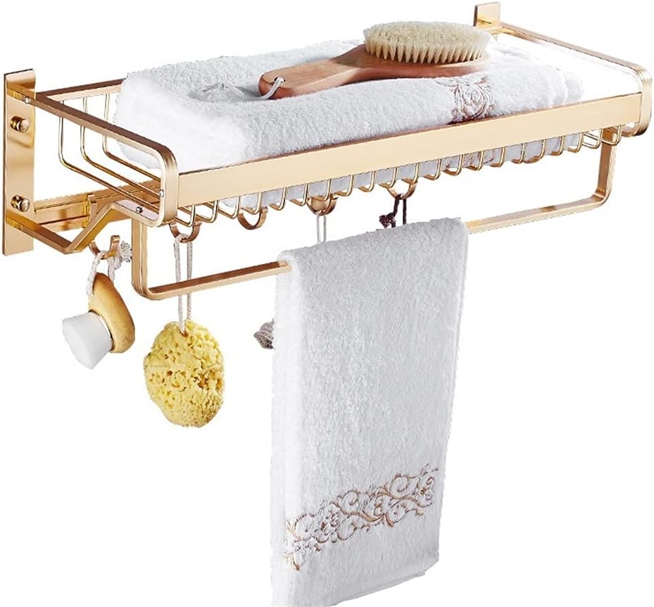 Bathroom Shelves Towel Rail Rack Bathroom Towel Rack, Double Tier Shower Storage Rack, Wall Mounted Gold Towel Bar, Aluminium Nail Or Nail Free Towel Holder for Bathroom Kitchen
