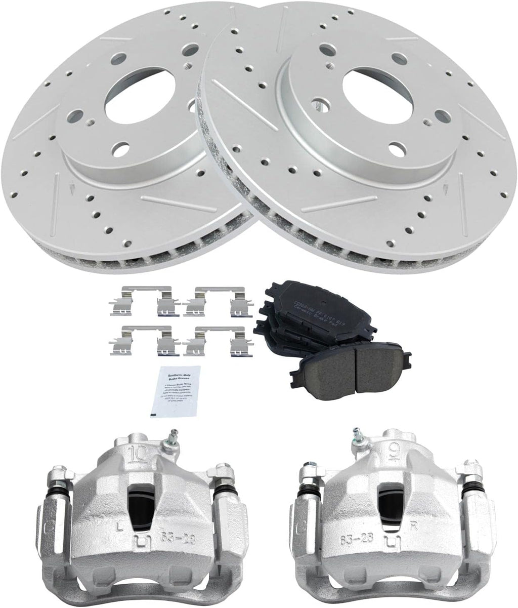 TRQ Performance Front Brake Pad and Rotor Set Ceramic Vented Coated Rotors Calipers Compatible with 2006 Toyota Camry