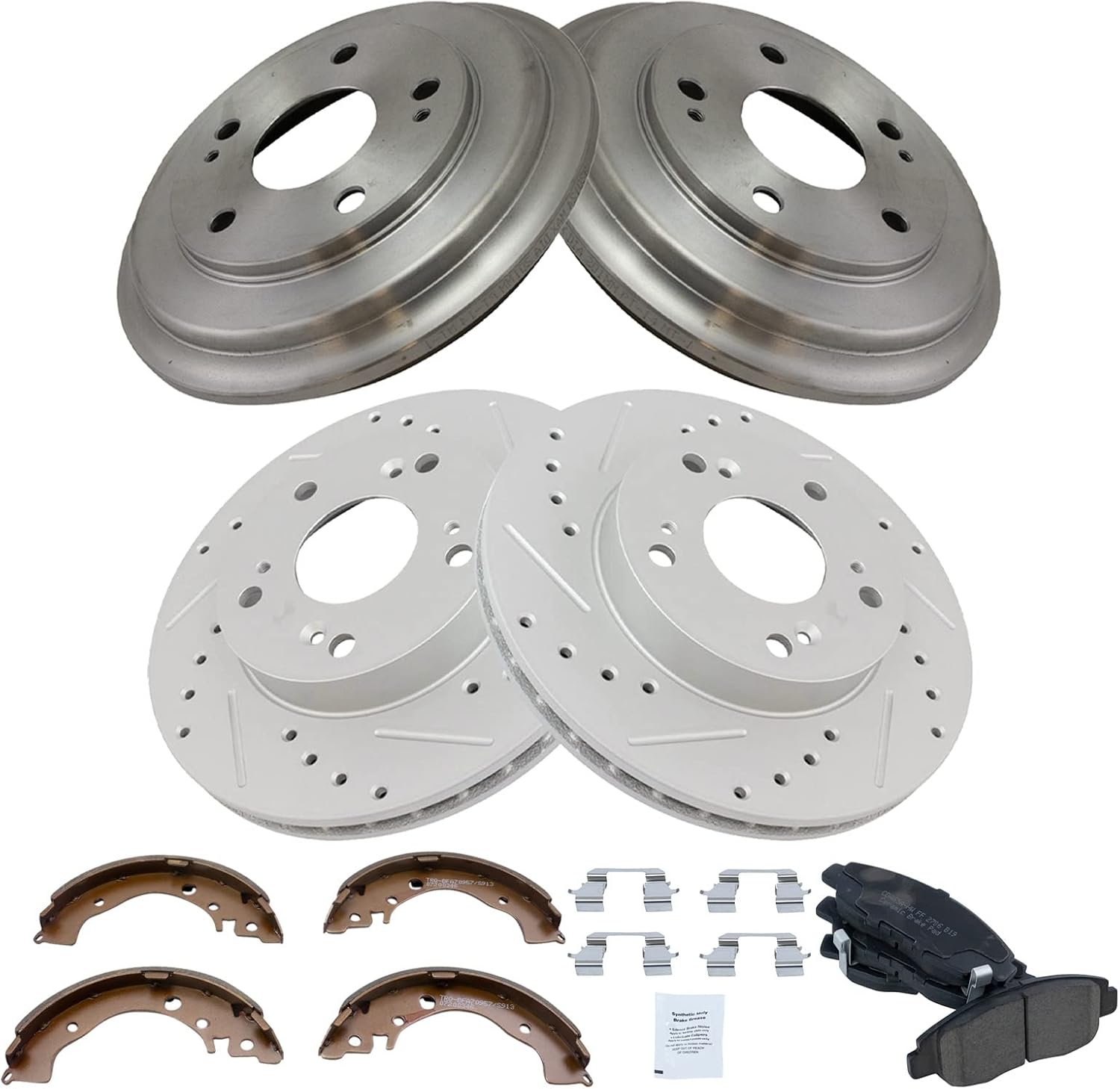 TRQ Brake Pad & Rotor,Shoe & Drum Kit Premium G-Coated Ceramic Performance Slotted X Drilled Front & Rear Compatible with 2006-2011 Honda Civic