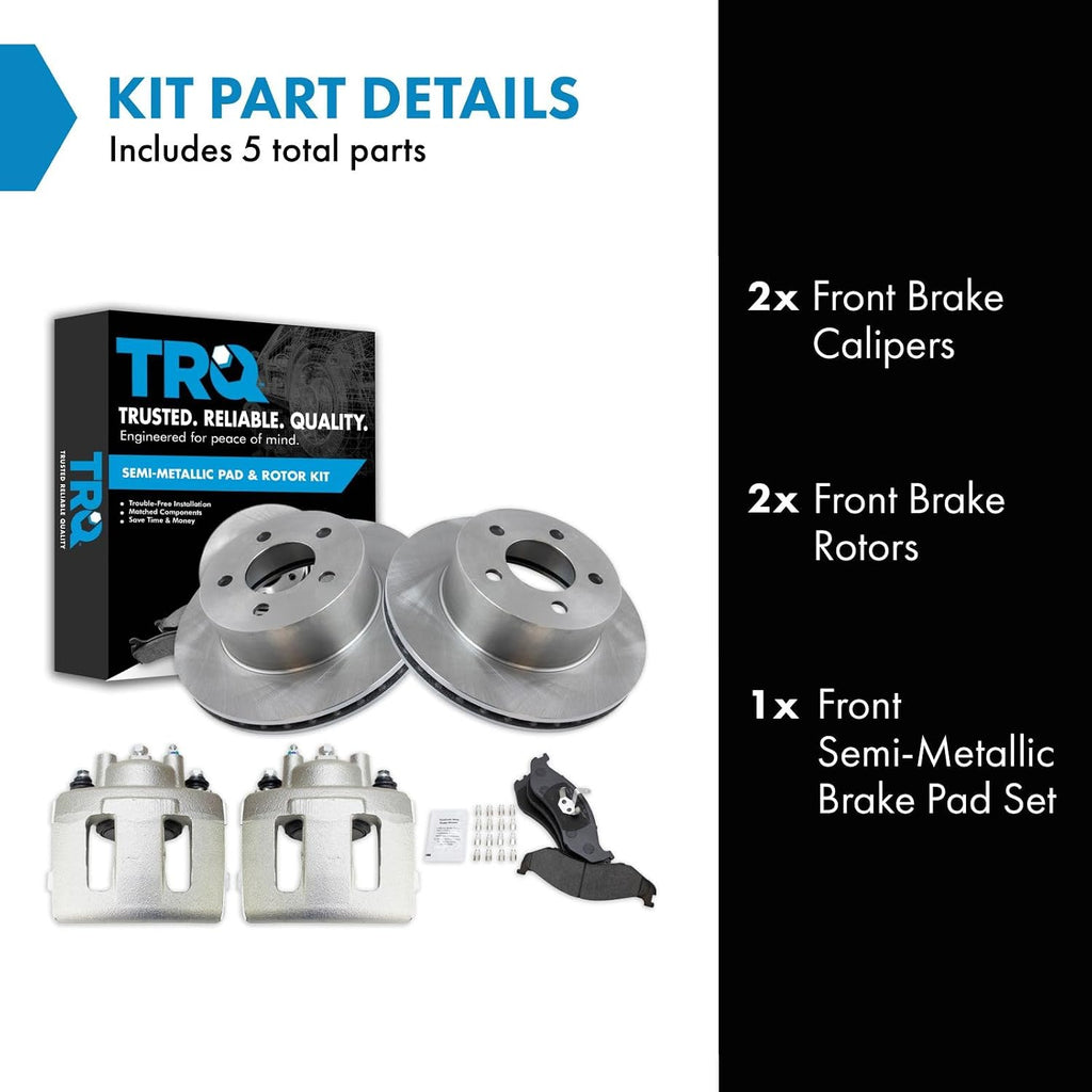 TRQ Front Brake Pad and Rotor Set Semi Metallic Vented Rotors Calipers Compatible with 1991-1998 Jeep Cherokee 1991-1992 Comanche 1993-1998 Grand Cherokee 1991-1999 Wrangler