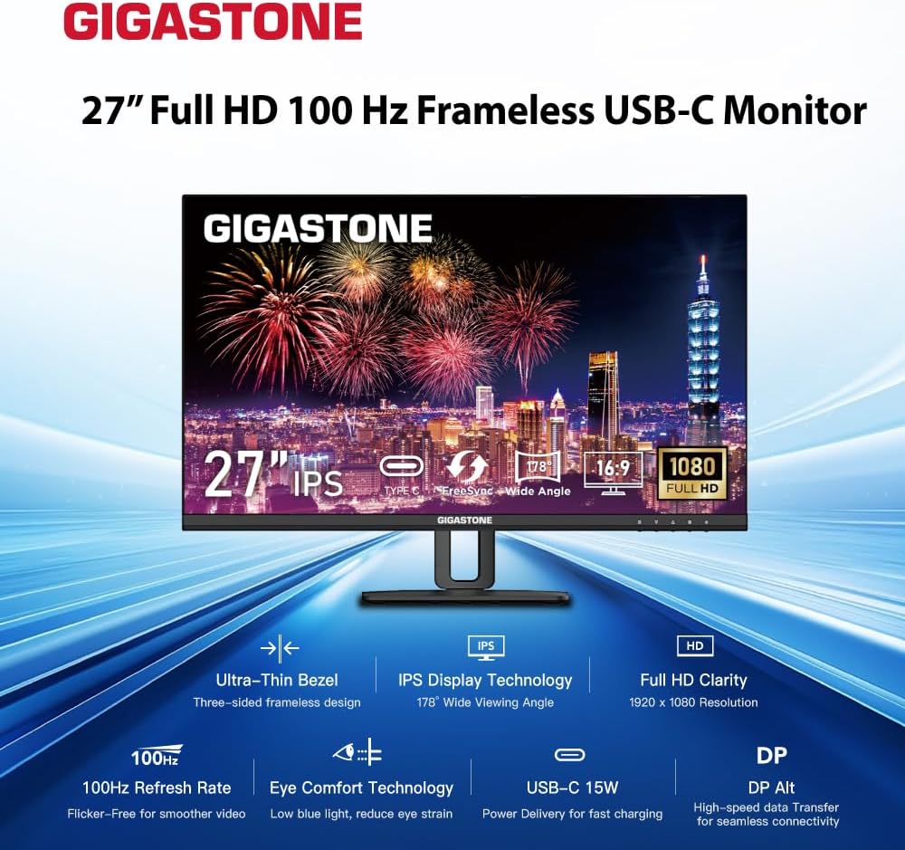 Gigastone 27 inch IPS Monitor, 100Hz FHD 1920 x 1080, MPRT 1ms,Built in Speakers,VESA Mount, Stand Height/Pivot/Swivel/Tilt Adjustable, USB-C/HDMI/Display Port Connectivity, Type C Charging to iPhone
