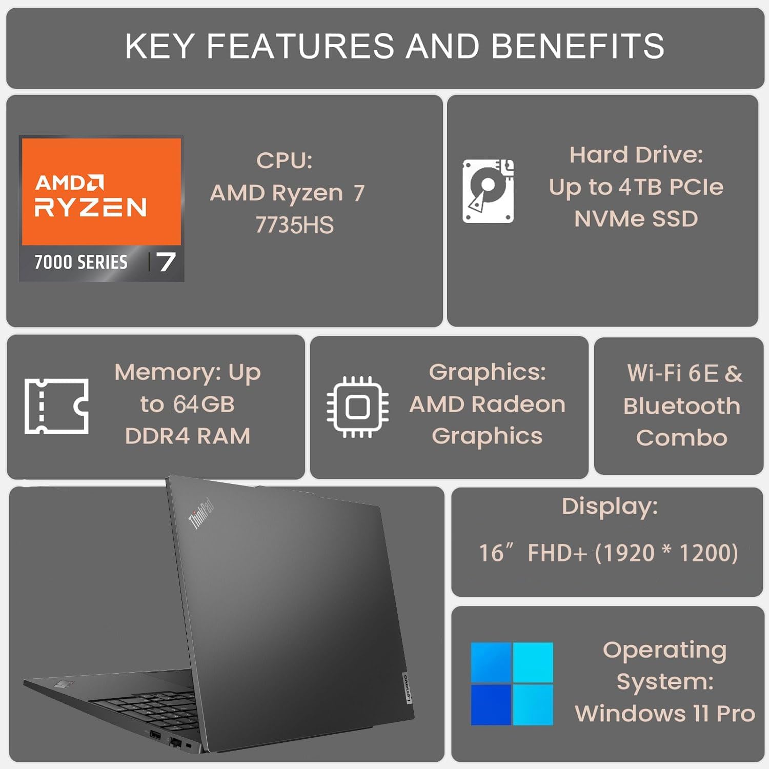 Lenovo ThinkPad E16 G2 Business Laptop Computer, 16' FHD+, AMD 8-Core Ryzen 7 7735HS (Beat i7-1360P), 32GB DDR5 RAM, 1TB PCIe SSD, WiFi 6E, Fingerprint Reader, Backlit Keyboard, Windows 11 Pro