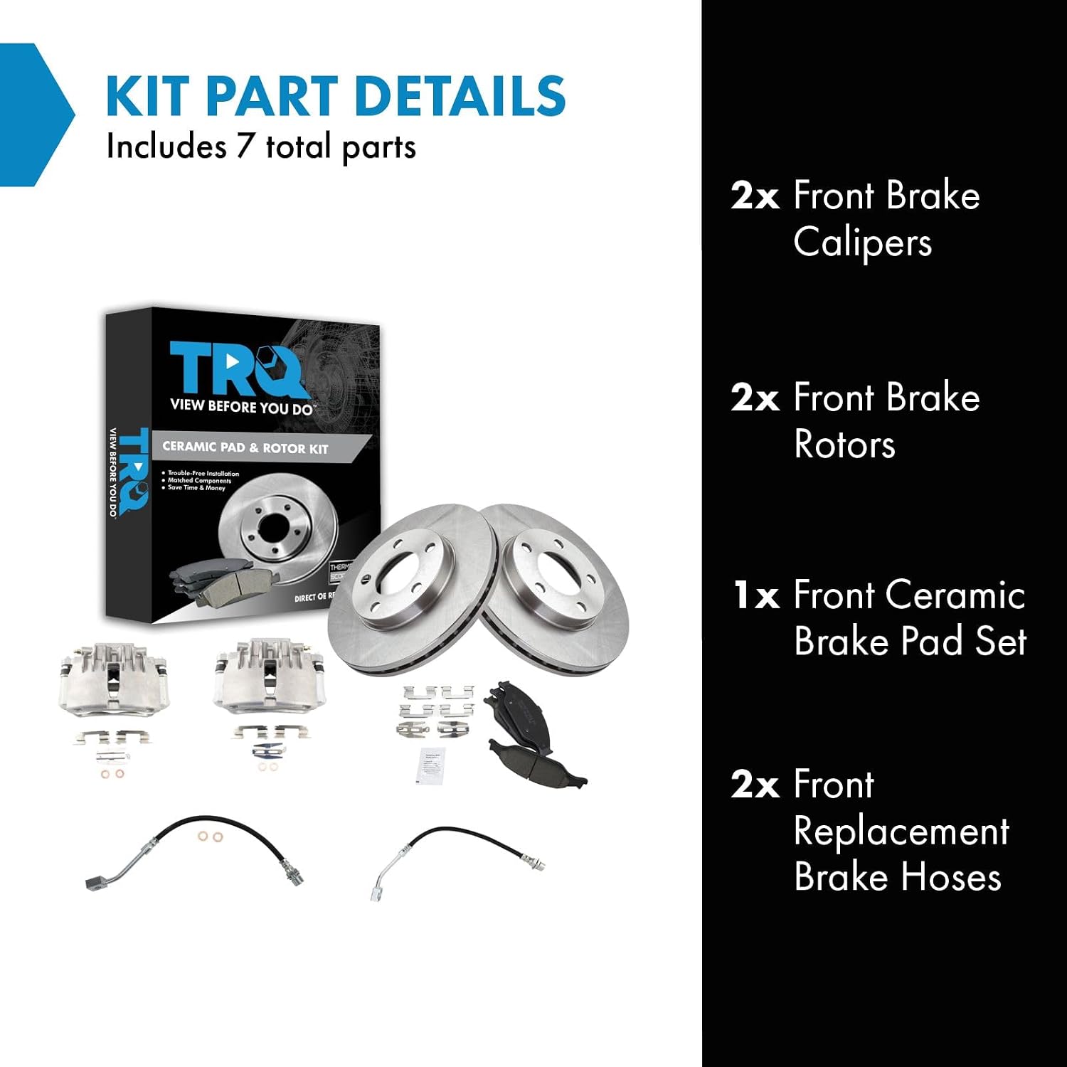 TRQ Front Brake Pad and Rotor Set Ceramic Vented Rotors Calipers Hoses Compatible with 1999-2002 Ford Mustang