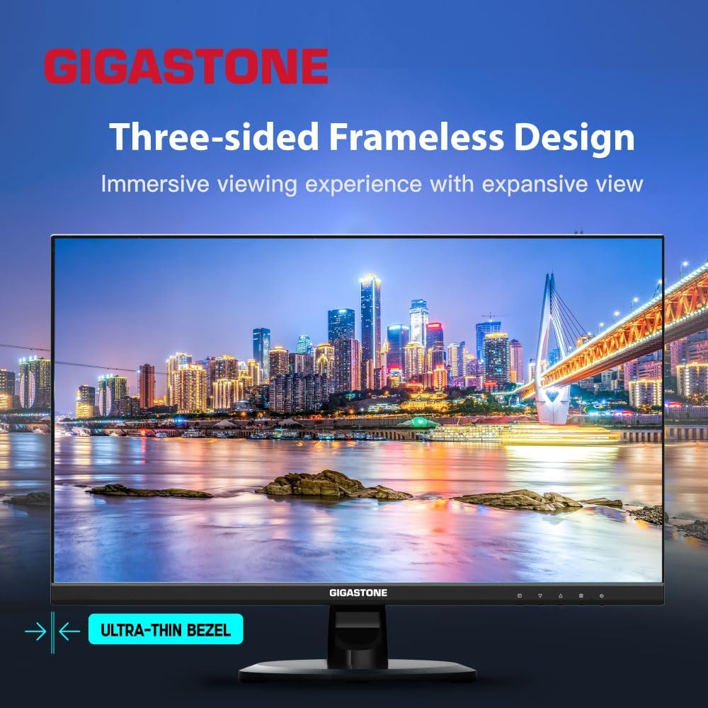 Gigastone 24 inch IPS LED Back Light Monitor 100Hz FHD 1920 x 1080,178°WideView,Frameless, Dual Monitor, MPRT 1ms, Built-in Speakers, Eye Care Technology, Ergonomic Tilt VESA Mount, HDMI VGA